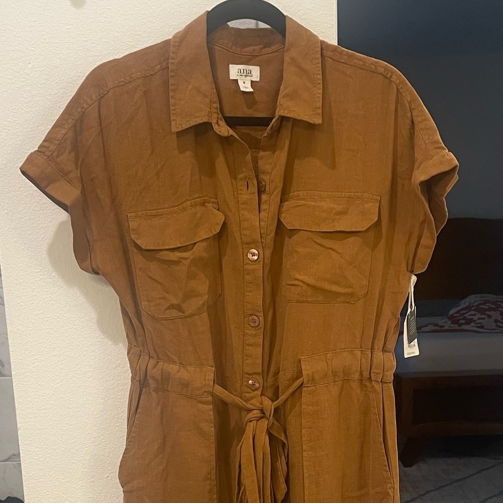 a.n.a. Linen Blend Midi Shirt Dress Tie Waist Button Front Brown M NWT - Picture 6 of 12
